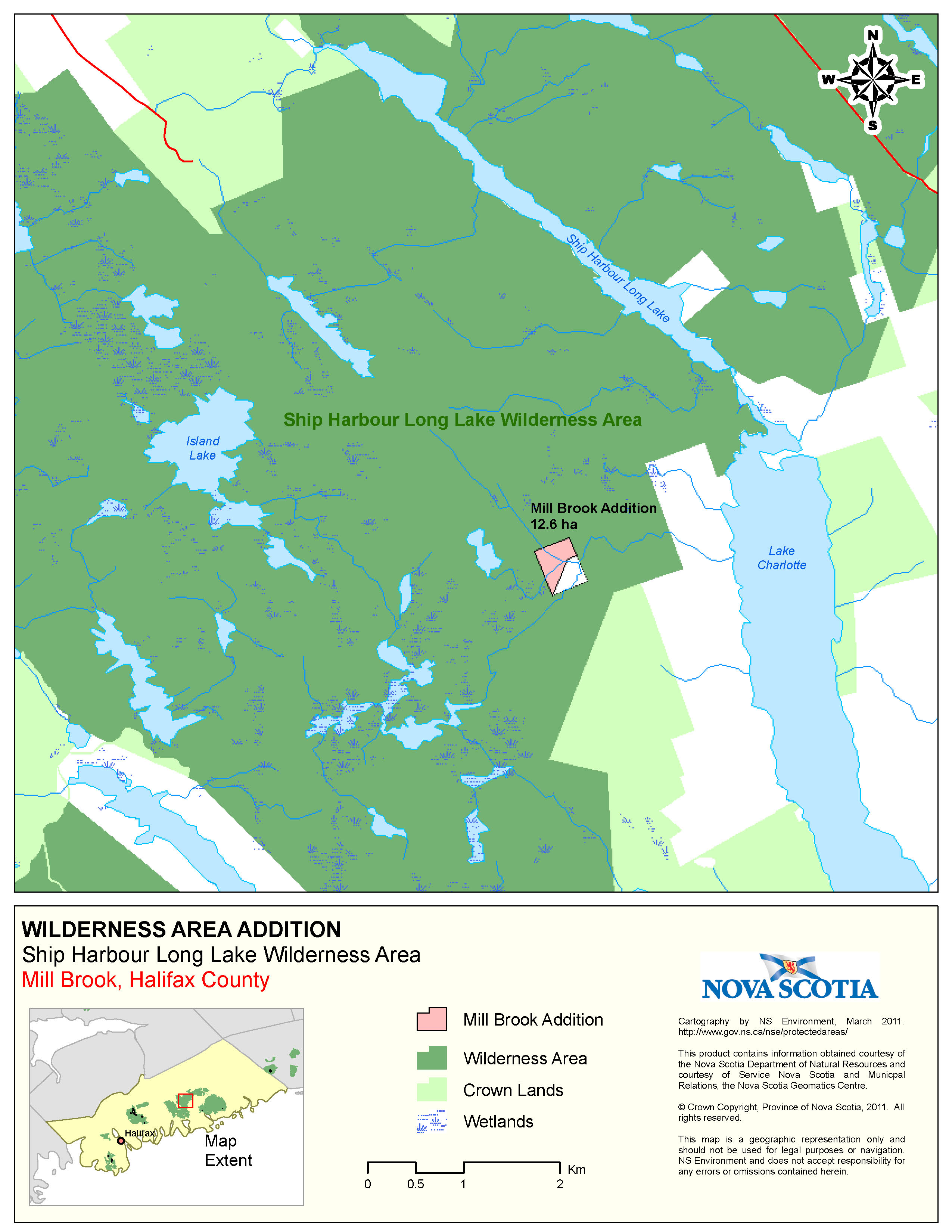 Graphic showing map of Boundaries of Crown Land at  Mill Brook, Halifax County Addition to Ship Harbour Long Lake Wilderness Area